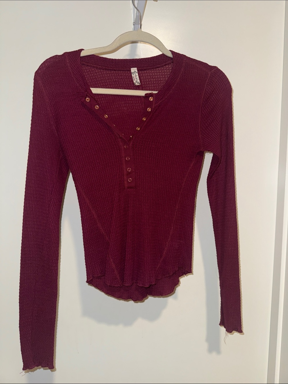 Free People Burgundy Waffle Henley Long Sleeve Top